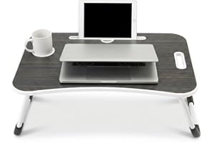 BUYIFY Folding Lap Desk, 23 Inch Portable Wood Black Laptop Bed Desk Lap Desk with Cup Holder, for Working Reading Writing, E