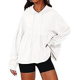 MAOECO Womens Hoodies Oversized Sweatshirts Casual Lantern Sleeve Peplum Tops Drawstring Loose Hooded Pullover Workout Top White L