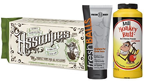 FRESH BALLS, ANTI MONKEY BUTT, and ASSWIPES! Ultimate Stay Fresh MAN BUNDLE! Fresh Balls Antiperspirant, Anti Monkey Butt Anti Chaffing Powder and Asswipes All Over Wipes with Aloe & Vitamin E!