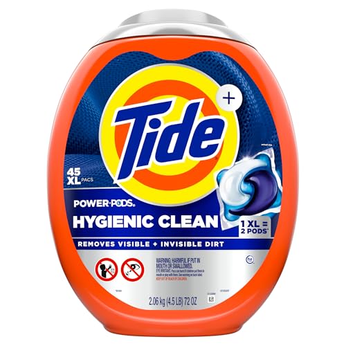 TIDE POWER PODS HYGIENIC CLEAN HEAVY DUTY LIQUID LAUNDRY DETERGENT PACS, FREE AND CLEAR OF DYES AND PERFUMES, FOR VISIBLE AND INVISIBLE DIRT, 45 COUNT, HE COMPATIBLE