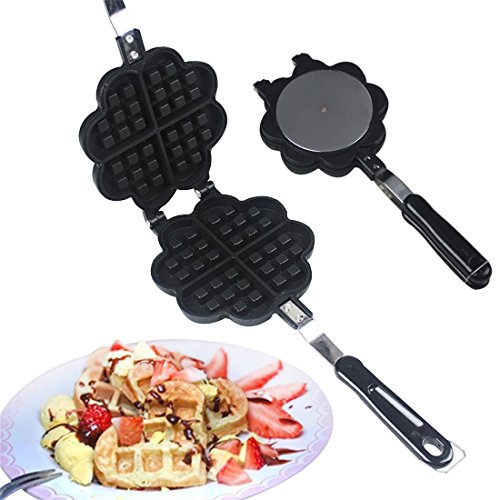Click Here to See More Images KEHUASHINA Aluminum Double Heart Shaped Waffle Maker Waffle Iron Griddle Pan (4 Slice Heart-Shaped Plate) Gas Stove and Induction Cooker