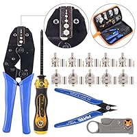 Swpeet 14Pcs Professional Crimping Tool Kit, Ratcheting Wire Terminal Crimper Tool Kit with 1Pcs Cable Stripper and 10pcs 50 Ohm BNC Crimp Male/Straight Connectors for Coax Connectors