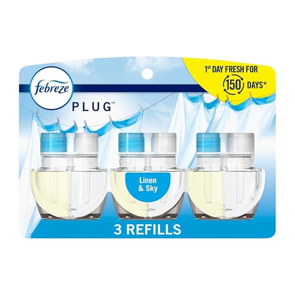 FEBREZE PLUG-IN AIR FRESHENER, ODOR-FIGHTING SCENTED OIL REFILL, AIR FRESHENERS FOR HOME AND BATHROOM AND KITCHEN, LONG LASTING FOR STRONG ODORS, LINEN & SKY SCENT, 0.87OZ REFILLS, 3 COUNT (PACK OF 1)