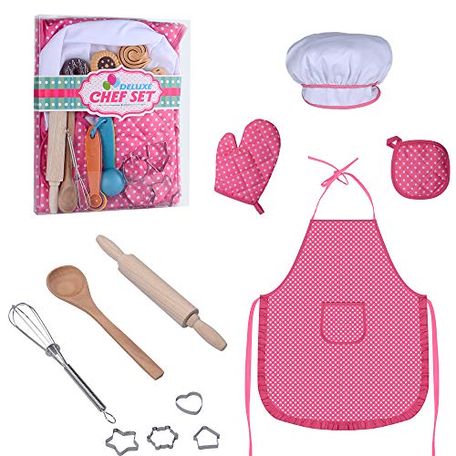 MeetDream Playful Kids Chef Set, Cooking Baking Kits Chef Pretend Cooking Toys Role Play for Toddler Girls, Boys Gift Chefs Hat, Apron, Oven Mitt, Hot Pad (18 Pieces) (A)