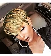 Rofa Human Short Pixie Cut Hair Wigs for Black Women with Bangs Ombre Blonde Short Human Hair Glu...