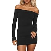 HYPERFIRE Women's Sexy Elegant Off The Shoulder Ribbed Long Sleeve Dress Party Mini Dresses