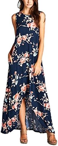 LIXIANSHI Women Summer Dress Sleeveless Fashion Casual Irregular O-Neck Full Length Loose Dresses (M, Blue)