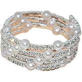 Fuqimanman2020 Multi Row Imitition Pearl Stretch Bracelet Stackable Crystal Strand Multi-Layered Elastic Bangle for Women 1920s Costume Vintage Bridal Wedding Jewelry-Silver C