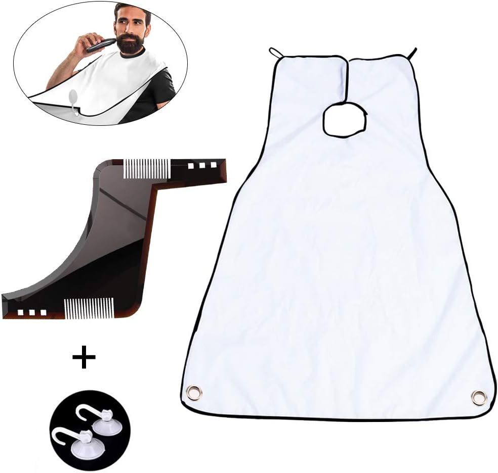 Beard Bib for Shaving, Hotyin Beard Apron Cutting Cape Catcher Shaving Cloth Waterproof Pongee Beard Trimming Apron with Suction Cups - Includes Beard Shaping Tool Template for Line Up & Edging Style