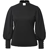 Womens Church Clergy Shirt Tab Collar Long Puff Sleeve with Cufflinks Blouse Top