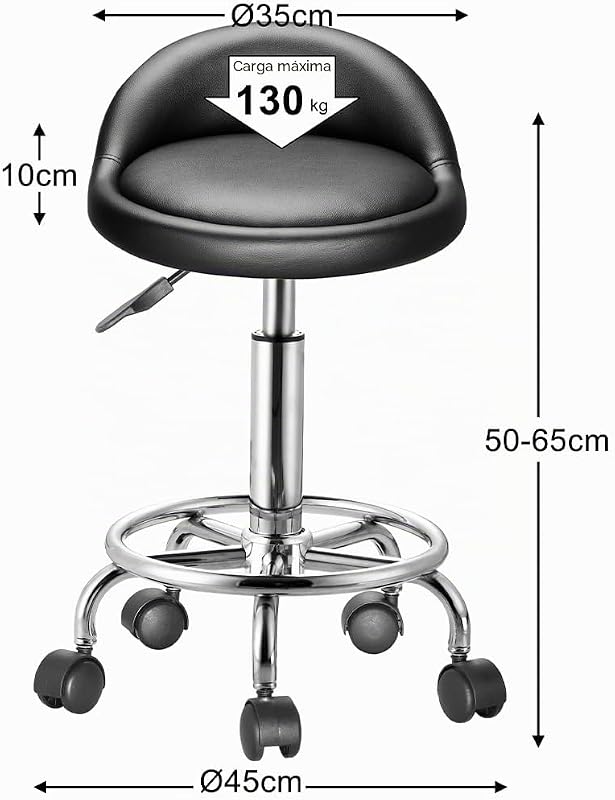 Taburete con Ruedas, Asiento Acolchado y Respaldo bajo de Piel sintética, Base con reposapiés de Acero Giratorio 360°, Altura Regulable, Ideal para esteticistas, Bares, cocinas, restaurantes — foto 6 de 8