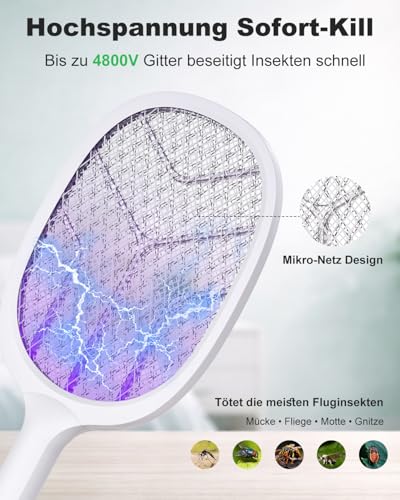 Electric Insect Racket 4800V, 2 in 1 Electric Mosquito Racket with UV Light, Rechargeable USB-C 2000mAh, Electric Fly Swatter for Home, Bedroom, Camping