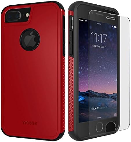 TKKOK iPhone 7 Plus case For Girls, Slim Dual layer Heavy Duty Rugged Scratch-Resistant Shockproof Non-slip Grip Protective Cover [Tempered Glass Screen Protector Included] for iPhone 7 Plus-Red/Black