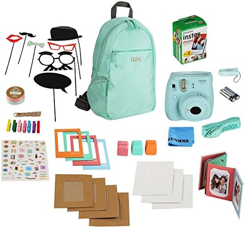Fujifilm Instax Mini 9 Instant Camera (Ice Blue) + 20 Instax Film + 10 Pack Accessory Great Value Camera Bundle – Backpack-Photo Booth Props- Camera Neck Strap-Accordian Photo Frame- Magnetic Photo F