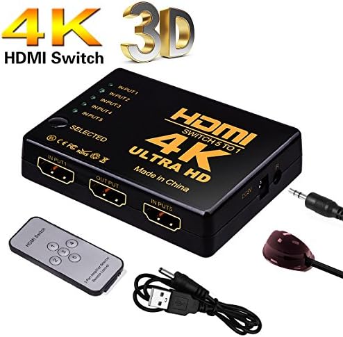 5 in 1 out HDMI Switch Splitter Intelligent 5-Port HDMI Switcher Supports 4K 3D Full HD1080p with Remote for Nintendo Switch, Xbox, Roku 3, Apple TV, HD TV, PS3 PS4 (Black)