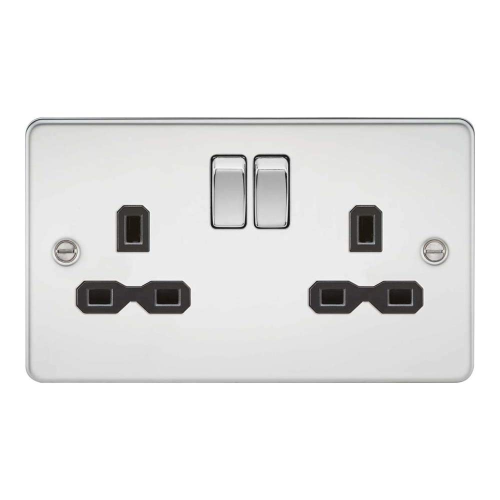 Knightsbridge FPR9000PC Flat Plate DP Switched Socket, Polished Chrome with Black Insert, 13 A, 2G