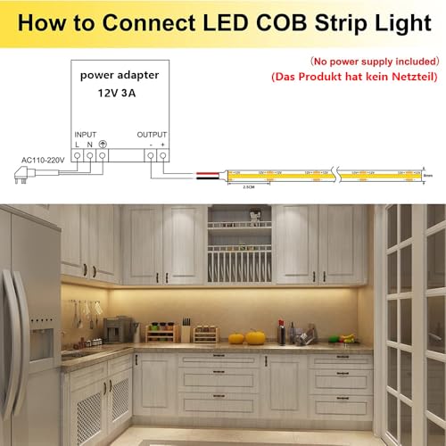 TOPAI COB LED Strip 12 V Warm White Outdoor Waterproof IP65, 5 m LED Strip 3000 K Self-Adhesive, Cuttable, CRI>90, 480LEDs/M High Density, Width 8 mm, for Kitchen, Cabinet, Home Decoration