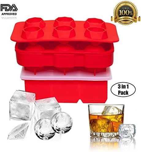 Ice Cube Tray and Ice Ball Mold for Making Ice Cube and Balls for Whiskey, Food Grade Silicone Cube and Sphere Ice Maker Mold Tray (Set of 3 - Red)