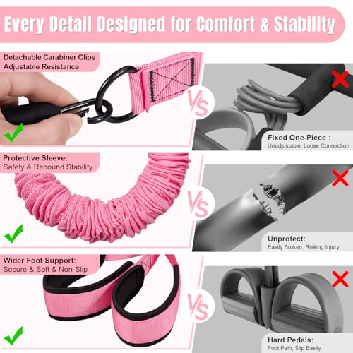 Upgraded Multifunction Pedal Resistance Band with Handle, 3 Tube Adjustable Resistance Bands for Abdomen, Waist, Arm, Core/ABS, Leg Workout - Sit Up Exercise Equipment & Pilates Set for Women