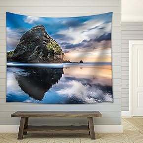 Piha Beach at Sunset Auckland, New Zealand - Fabric Wall Tapestry Home Decor - 51x60 inches