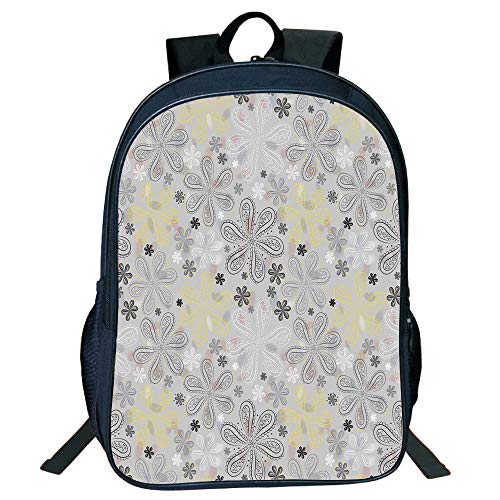 Suitable Primary School Students Black Double-Deck Rucksack,Grey Yellow,Ethnic Bohem Style Paisley Print Flowers Dots Art Image,Pale Grey Black White Kids,3D Print Design.15.7"x 11.8"x