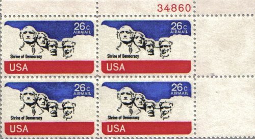 1974 MT RUSHMORE Airmail #C88 Plate Block of 4 x 26 cents US Postage Stamps