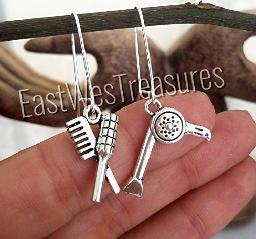 EWT Blow dryer, Hair dryer, comb, brush, Hair stylist, barber, hairdresser jewelry gift idea dangle drop earrings