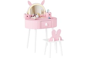 JOYMOR Kids Vanity with Lights, Girls Vanity Set w/Touch Screen 3 Colors Adjustment, Solid Wood Leg, 1 Drawer, 2 Storage Boxes, Kids Vanity Table and Chair Set (Pink)
