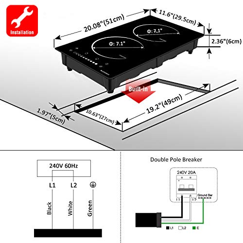 Induction Cooktop 2 Burner ECOTOUCH 12'' Electric Cooktop 240V Built-in Induction Stove Top Smoothtop, Induction Cooker Vitro Ceramic Surface with Booster Burner IB320 - Thumbnail 6