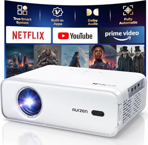 [Built in NetfIix App] Projector, Aurzen Eazze D1 4K Supported Smart Projector with HDR10, DoIby Audio, Auto Focus, WiFi Bluetooth Portable Projecteur for Outdoor, White