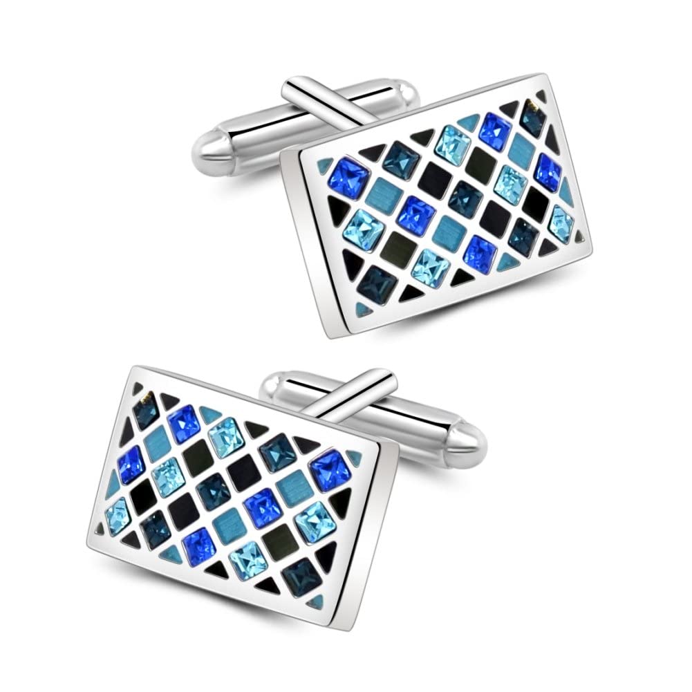 Crystal Cufflinks, Mr.Van Elegant Crystal Cufflinks Classic Fashion Rectangle Glimmering Cuff Links Set for Men's Business Wedding Party with Gift Box Elegant Style Blue