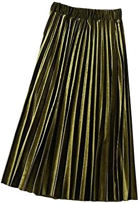 Sushi Kong Women's Vintage Velvet Pleated High-waisted Midi Calf A-line Skirt Green