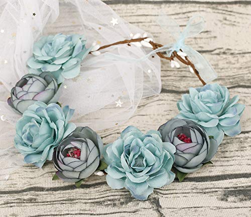 Thunaraz Women Boho Floral Crown Hair Wreath Flower Headband with Adjustable Ribbon Halo Festival Wedding Party - Thumbnail 4
