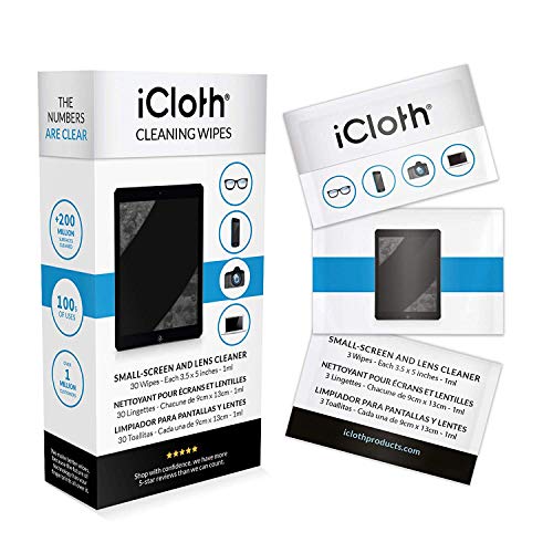 iCloth Lens and Screen Cleaner Pro-Grade Individually Wrapped Wet Wipes, Wipes for Cleaning Small Electronic Devices Like Smartphones and Tablets, Box of 30