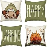 AVOIN colorlife Happy Camper Camping Life Throw Pillow Covers 18x18 Set of 4, Gnome S'More Campfire Decoration for Sofa Couch