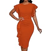 Women 2025 Summer Ruffle Short Sleeve Midi Dress Vintage Crew Neck Bodycon Pencil Dresses