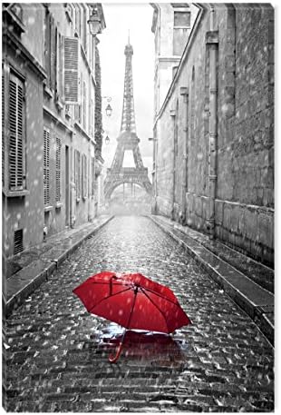 StartonightCanvas Wall Art Black and White Abstract Red Umbrella on the Street, Framed Artwork Picture Home Decor for Bedroom Day & Night Effect - Modern, Vivid Color Print, Elegant Gift 24" x 36"