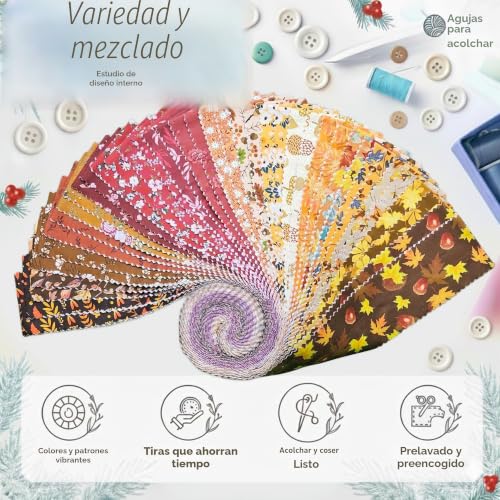 Jelly Roll Pre-Cut Cotton Fabric Strips for Quilting, 40 Strips 6x112 cm, Quilting Fabric for Sewing, Pre-Cut Quilt Projects and Crafts (Autumn Flowers)