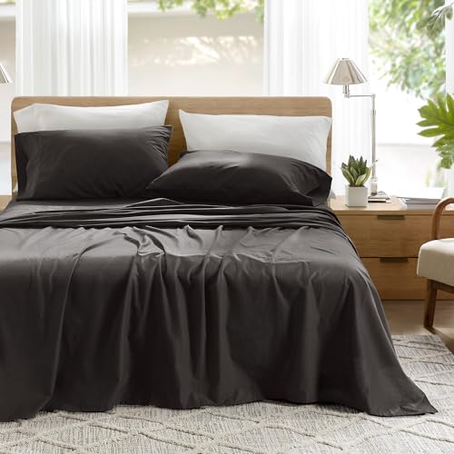 Comfort Spaces 100% Cotton Sheets King, Breathable & Ultra Soft Cotton Sheets, Naturally Cool Cotton Bed Sheets with 14 Elastic Pocket Fits up to 16 Mattress, All Season Sheet Set, Black 4 Piece