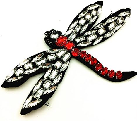 JUBRAY 2pcs Sew On Crystal Beaded Dragonfly Motifs Decoration Sewing Patch Dragonflies Patches For Clothing Insect Applique 15x9cm AC0822