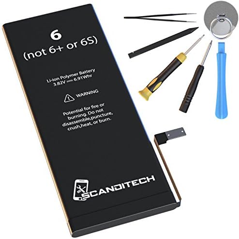 ScandiTech Battery Model iP6 (not 6+ or 6S) - Replacement Kit with Tools, Adhesive &amp; Instructions - New 1810 mAh 0 Cycle Battery - Repair Your Phone in 15 min - 1 Year Warranty