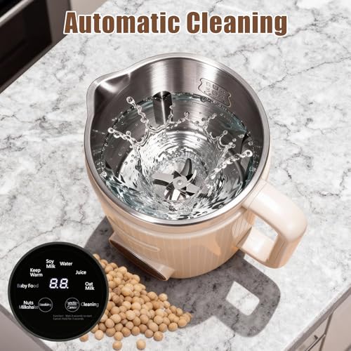HISUEKIG Soy Milk Machine 1200ml, 8 in 1 Nut Milk Maker with 12 Blades, Temperature Control, Self-cleaning Keeping Warm, for Oat Almonds (Beige)