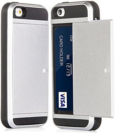 iPhone 5/5S/SE Credit Card ID Holder Wallet Case with Dual Slim Shock-Resistant Cover Hybrid Armor Case - Holds 2 Cards &amp; Cash ID Slider - Silver