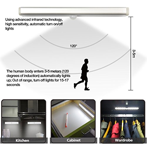 Motion Sensor Closet Lights, 10 Led Battery Powered Lights Led Under Cabinet Lighting Wireless Under Counter Light, Stick On Lights Motion Night Light Bar for Stairs Hallway Kitchen, White 6 Pack