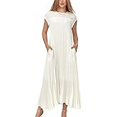 KEOMUD Women Summer Pleated Maxi Dress Casual Short Sleeve Crewneck Flowy Swing Long Dress with Pockets