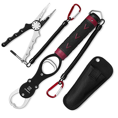 Z ZANMAX Fishing Pliers Fish Grip Tools Set, Fish Gripper Grabber Grip Holder with Scale, New Braid Cutters Split Ring Aluminum Pliers Hook Remover with Sheath and Lanyard