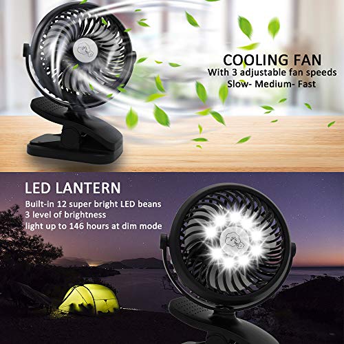 USB Fan, Portable Clip Stroller Fan with Lights, Mini Desk Fan 2200mAh Rechargeable Battery Powered, Cooling Fan with Hanging Hook, 3 Speed 360 Rotation for Baby Pram, Bedside Crib, Office, Camping