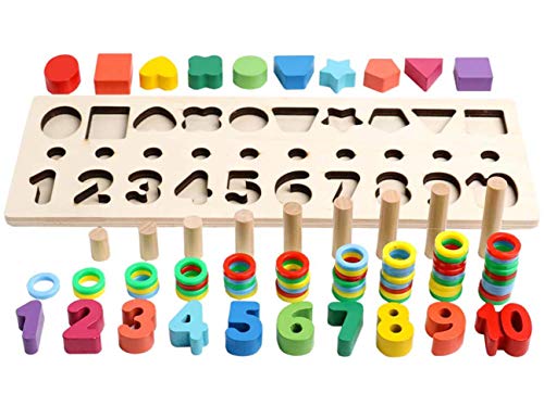 JCREN Wooden Blocks Puzzle Board Set for Tooddler Color Shape Sorting Number Counting Puzzle Blocks Math Stacking Early Development Toys Gift Montessori Toys for Preschool Kids