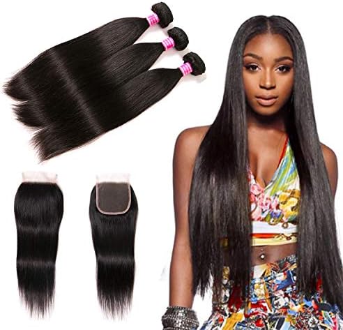 Brazilian Straight Hair 3 Bundles With Closure 8A 100% Unprocessed Virgin Brazilian Human Hair Weave Weft With Lace Closure Natural Black Color (14/14/14+12 Inch, 4x4 Closure)