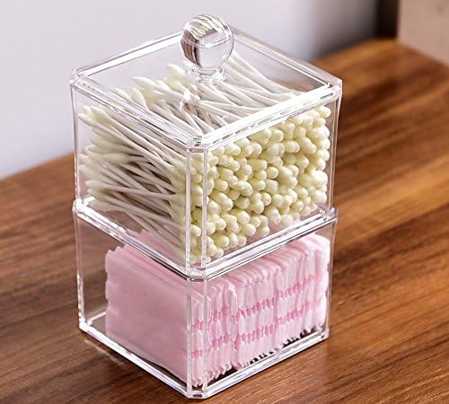 Clear Plastic Cotton Ball Swab Organizer, Bathroom Vanity Holder for Q-tips, Cotton Balls, Cosmetic Pads, Square 2 Tiers Stackable with Lid